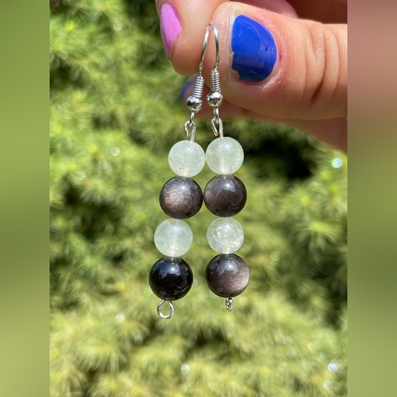 Prehnite & Silver Sheen Obsidian Earrings Crystal Handmade Jewelry - Picture 3 of 4